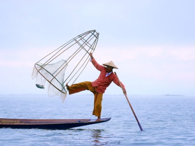 Single foot fishing by Intha Ethnic People, Inle Lake, Nyuang Shwe, Burma (Myanmar)