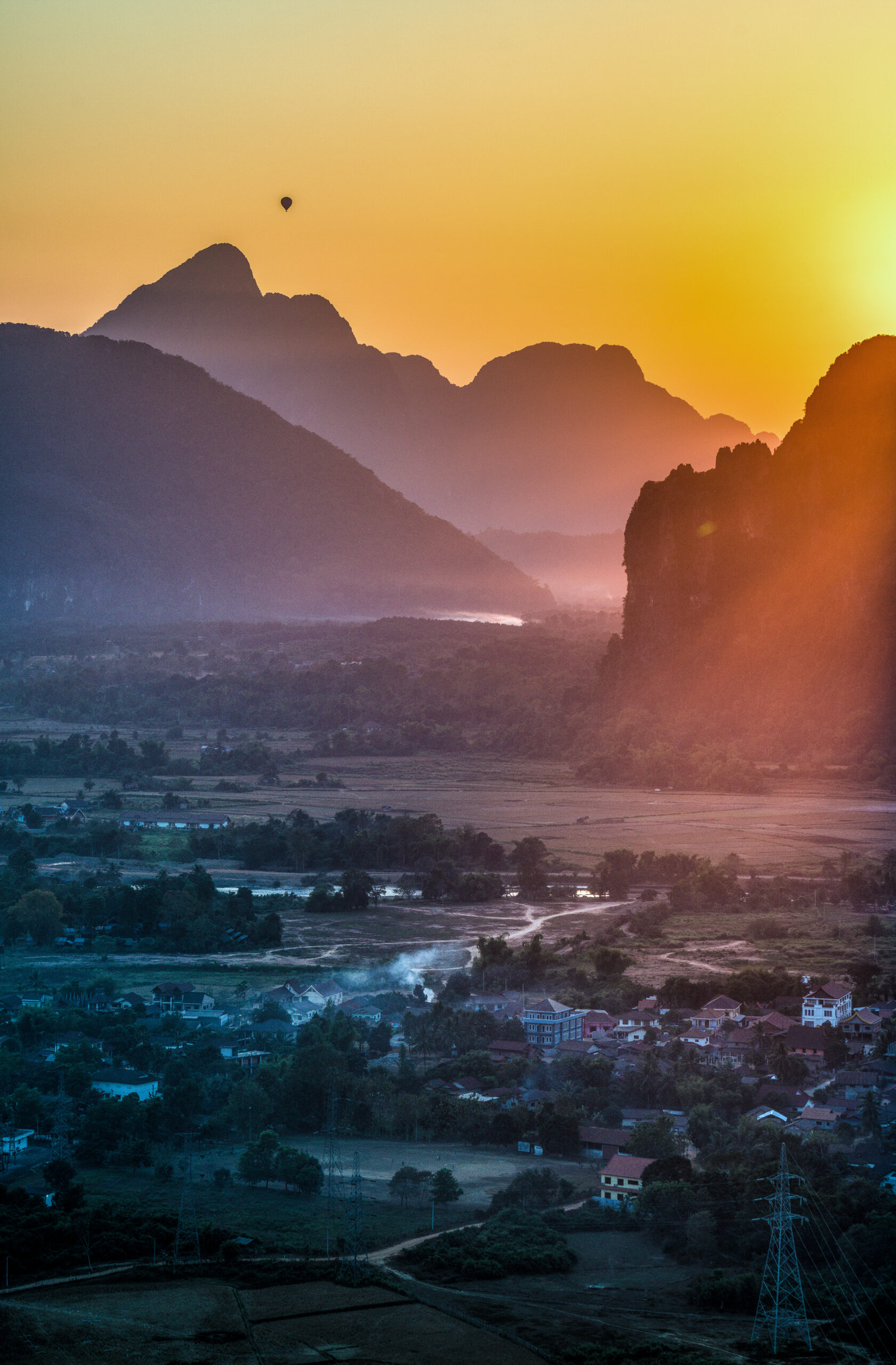 Ballooning in sunset a December day in Nathong Vally, Vang Vieng, Laos