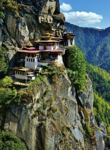 Tiger's Nest, symbol of Bhutan, hanging on high mountain cliff, almost 3000 meter over sea level, Paro, Bhutan