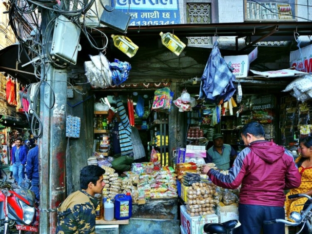 A corner of street market under black spagetti in Thamel, down town of Kathmandu, Nepal