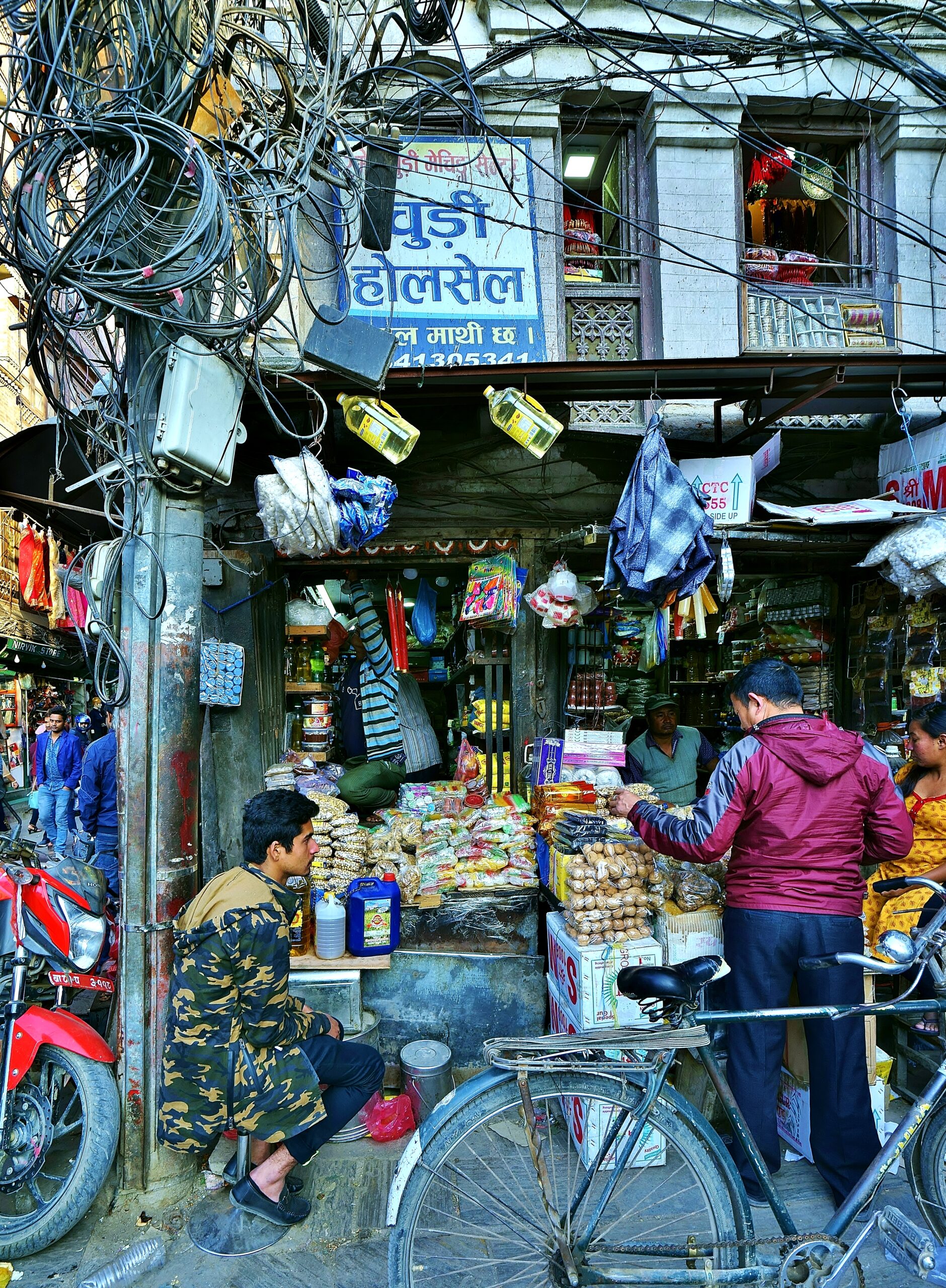 A corner of street market under black spagetti in Thamel, down town of Kathmandu, Nepal