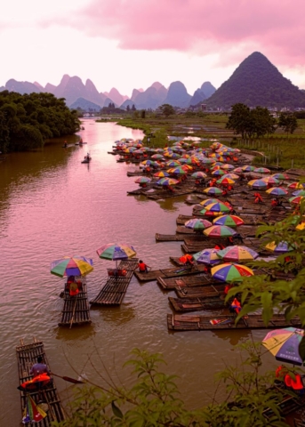 Sunrise at Yulong River, better known as little Li River by locals, Yangshuo, Guangxi, China