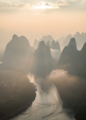 Karst landscape in sunrise, Xianggong Hill, Yangshuo, Guangxi, China