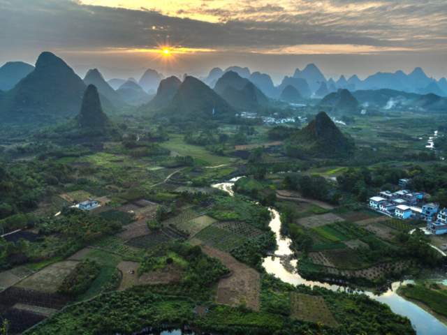 Karst landscape in sunset, Cuiping Hill, Yangshuo, Hunan, China
