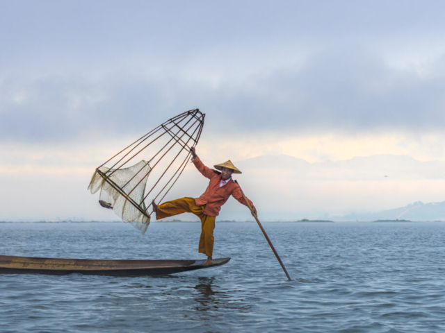 Single Foot Fishing and Intha Ethnic People, Inle Lake, Nyuang Shwe, Burma (Myanmar)